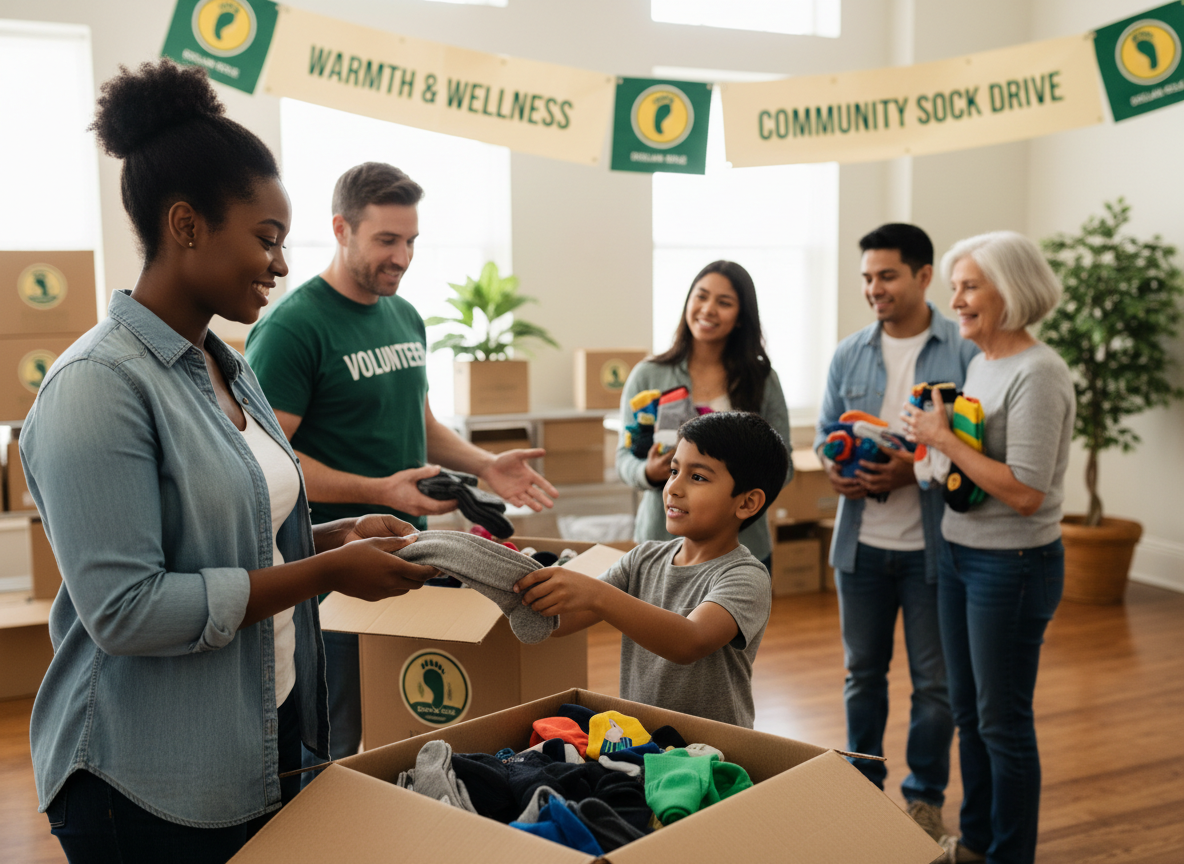 Volunteers donating new socks at a community shelter, showing kindness and Dollar Sole’s impact.