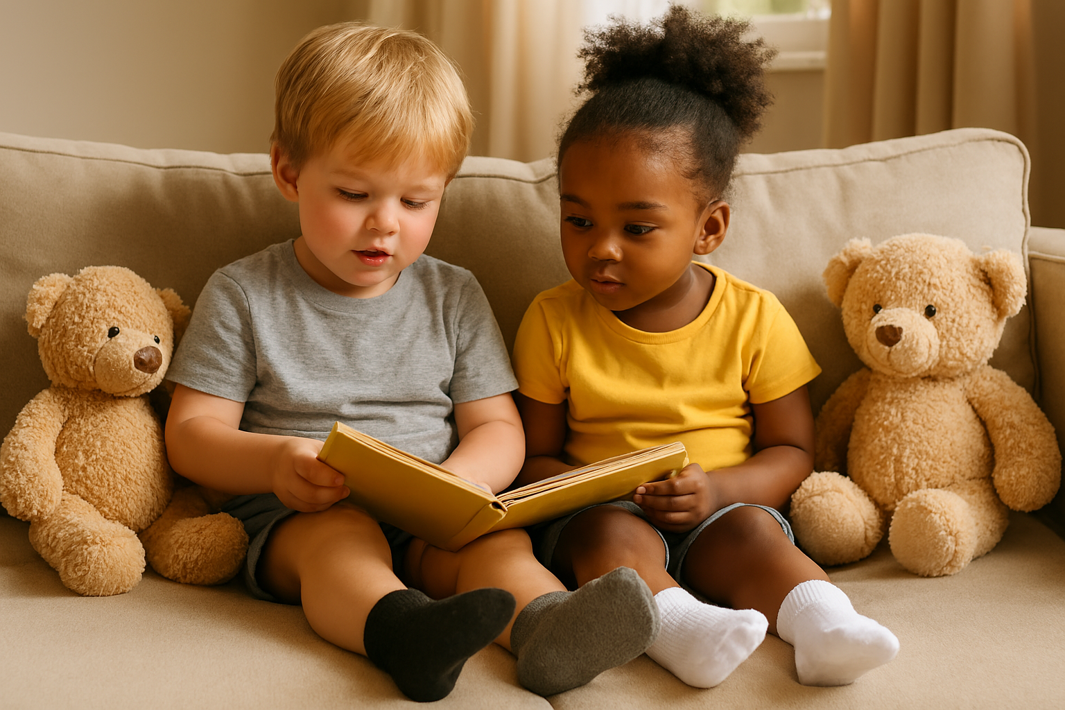Children in socks reading a book with teddy bears