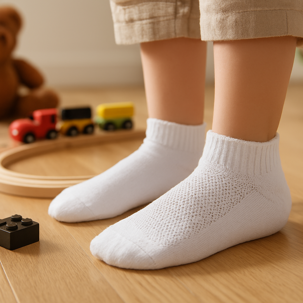 White socks worn by a child on a wooden floor with toys in the background